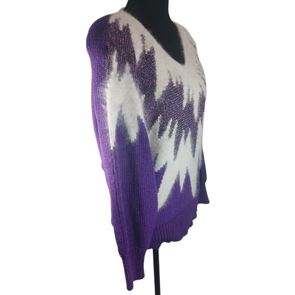 Vintage 80s Hollywood Luxury Purple Metallic White Angora Pearls Sweater M - Picture 7 of 16